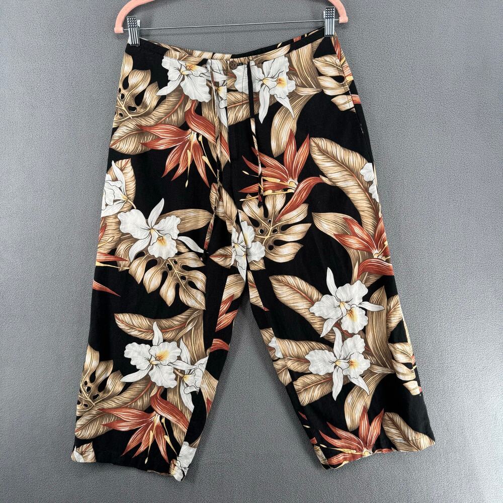 Kahala Linen Blend Pants Womens 8 Black Resort Wear Hawaii Tropical Floral